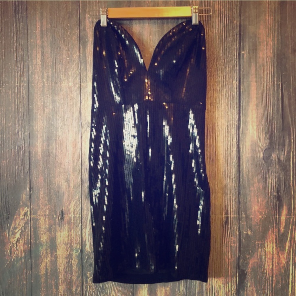 Beautiful Black Sequin Strapless Evening Dress.